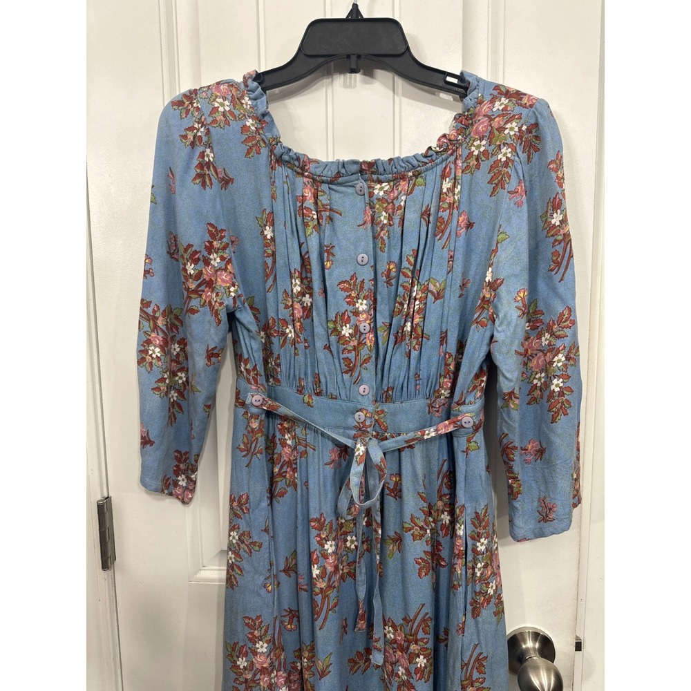 April Cornell Blue Floral Maxi Dress Ruffle Neck 3/4 Sleeve Cottagecore Small - Picture 4 of 8